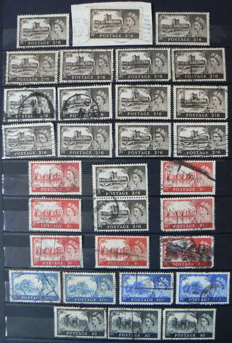 Great Britain 1955-1968 castle types lot of 29 high-value used stamps + 1 pair