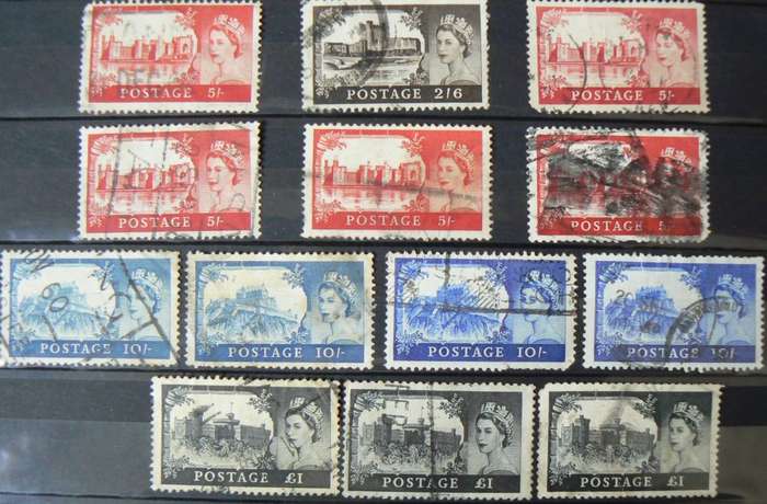 Great Britain 1955-1968 castle types lot of 29 high-value used stamps + 1 pair