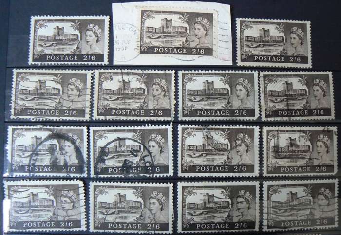 Great Britain 1955-1968 castle types lot of 29 high-value used stamps + 1 pair