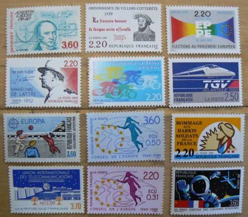 1989 France lot of 39 MNH stamps + strips + block of 4 + 3 booklets - CV$100