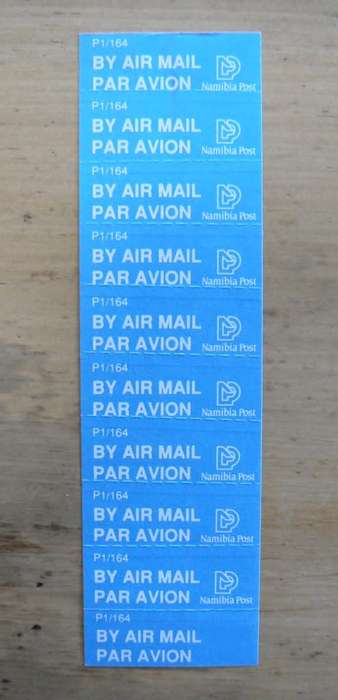 Namibia strip of 10 airmail labels with print error