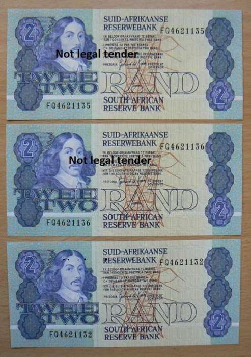 Lot of 3 G de Kock 3rd Issue R2 notes - UNC, two in sequence - FQ