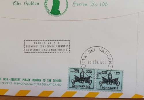 1968 Colombia Bogota Golden Series #106 airmail cover + 2 postage due stamps Vatican