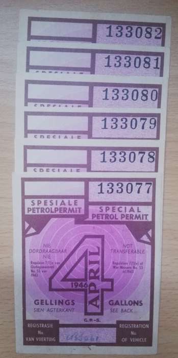 SA 1946 Special petrol permit, 4 gallons (x6) - unused, in sequence