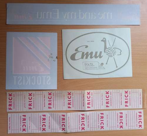 Lot of 5 vintage knitting stickers, Emu & Frick
