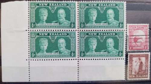 1935 New Zealand 1/2D block of 4 MNH, 1D used, 1 1/2D MNH