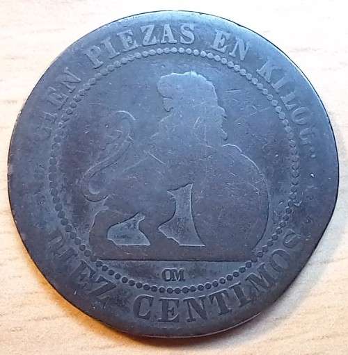 Spain 10 Centimos 1870 OM rare, filler