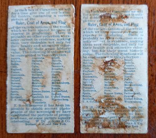 W. Duke Sons & Co. cigarette cards (x2) Rulers, Coat of Arms & Flag, CV R500