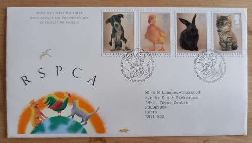 1990 Great Britain RSPCA FDC + 4 MNH blocks of 4