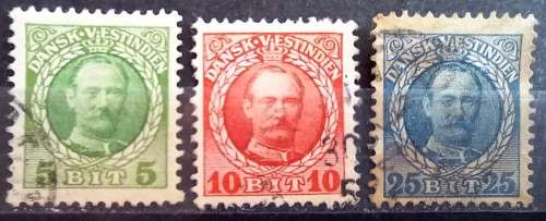 1907 Danish West Indies used 5, 10, 25 Bit stamps