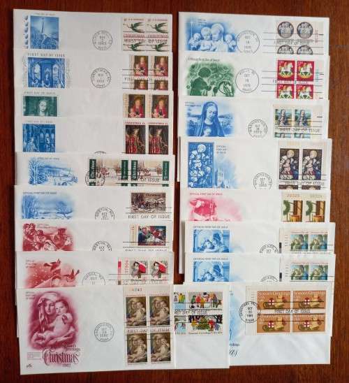 USA lot of 17 Artcraft Christmas FDCs 1965 to 1982 - most blocks of 4