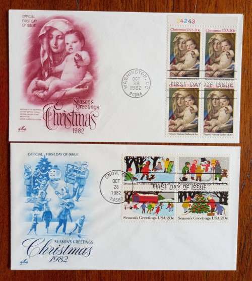 USA lot of 17 Artcraft Christmas FDCs 1965 to 1982 - most blocks of 4