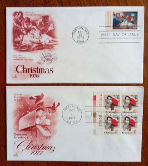 USA lot of 17 Artcraft Christmas FDCs 1965 to 1982 - most blocks of 4