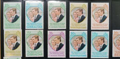 Great Britain Territories 1973 Princess Anne wedding lot of 36 MH and MNH stamps - 13 territories