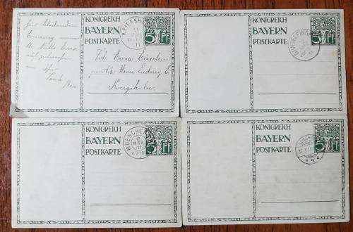 Germany Bavaria Bayern 1911 lot of 4 Konigreich colour postcards with town cancels