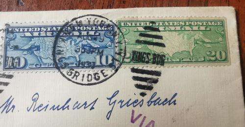 USA airmail cover King`s Bridge New York to Johannesburg 1937, with 2 airmail stamps 1926