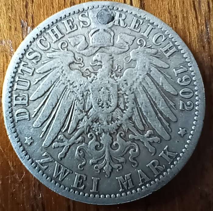 Germany Prussia silver 2 Mark 1902 holed and plugged