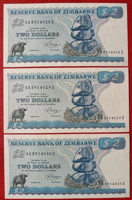 Zimbabwe $2 1983 Harare 3 UNC notes in sequence - Series AA-Z
