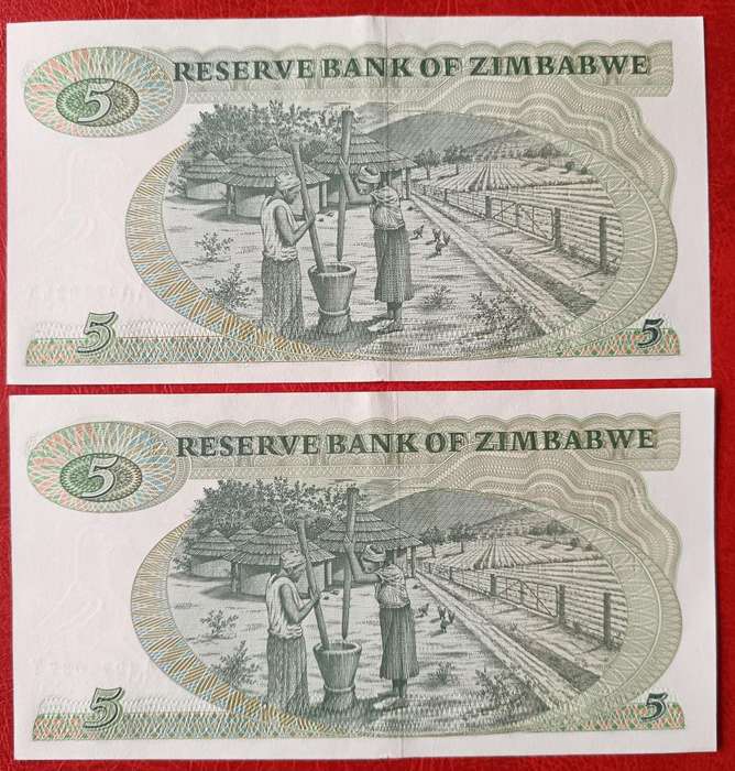 Zimbabwe $5 1994 2 UNC notes in sequence - Series BA-T - not perfect
