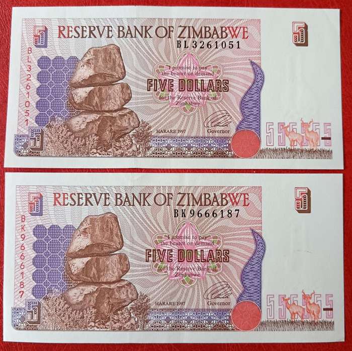Zimbabwe $5 1997 2 UNC notes - Series BK and BL