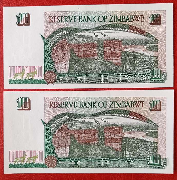 Zimbabwe $10 1997 2 UNC notes in sequence - Series CG