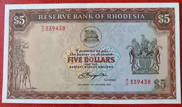 Rhodesia $5 1978 UNC with slight centre fold - Rhodes watermark - price reduced!