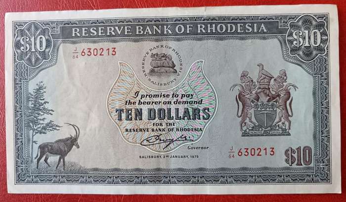 Rhodesia $10 1979 crisp but not perfect