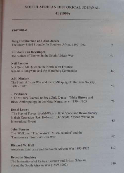 S.A. Historical Journal. 1999. Special issue: South African War 1899-1902.