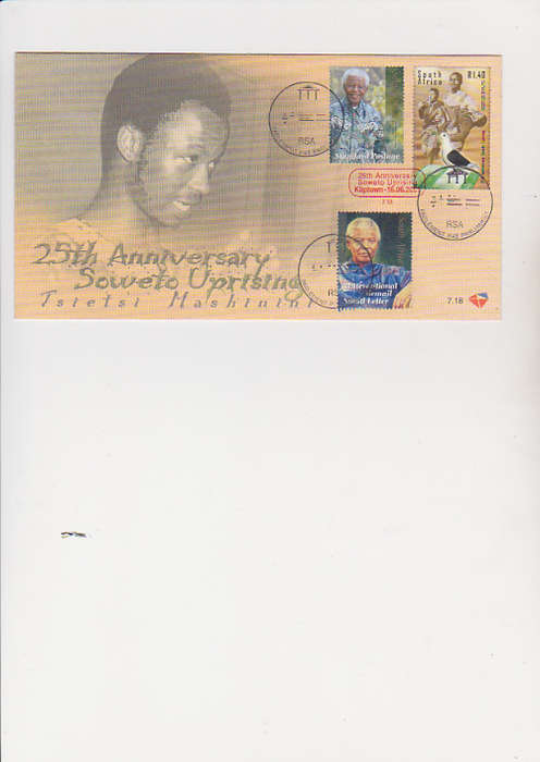 25 anniversary of the soweto uprising . with parliment cancellation and two nelson mandela stamps