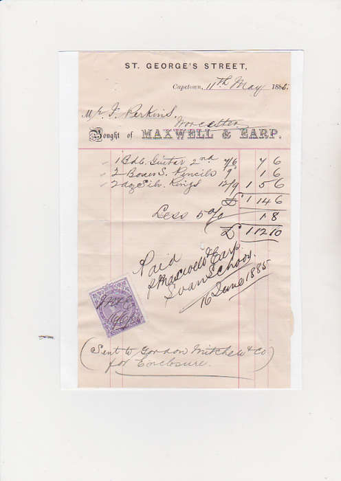 1885 dated invoice from maxwell & earp  with a  cape of good hope stamp stating the stamp act 1864