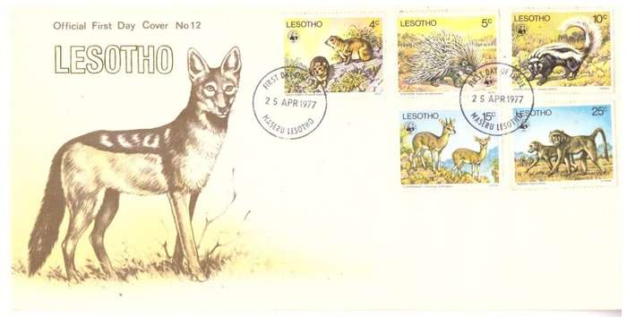 LESOTHO FDC  1977 Worldwide Nature Protection - Endangered Animal Species HAS FOXING CV R245