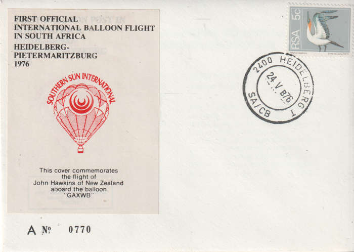BALLOON FLIGHT FDC 1976 HEIDELBERG TO PMB HAWKINS OF NEW ZEALAND GAXWB NO 770