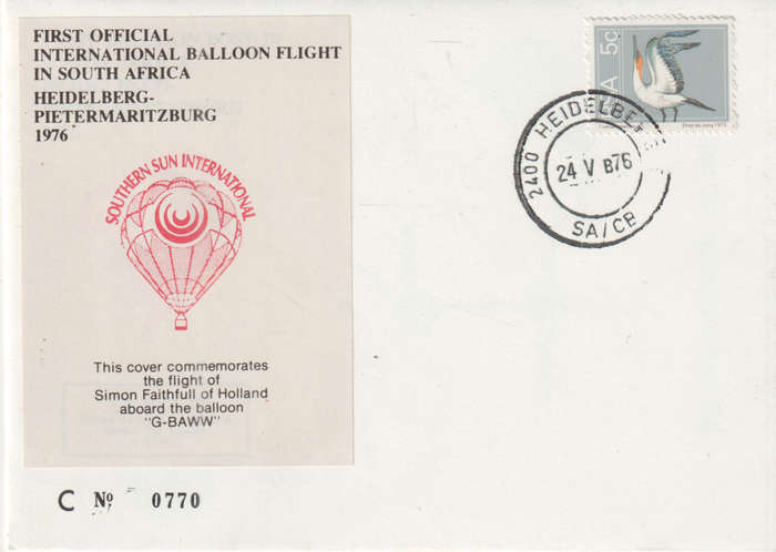 BALLOON FLIGHT FDC 1976 HEIDELBERG TO PMB SIMON OF HOLLAND G-BAWW NO 770