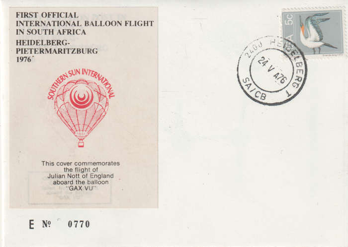BALLOON FLIGHT FDC 1976 HEIDELBERG TO PMB JULIAN OF ENGLAND GAX VU NO 770