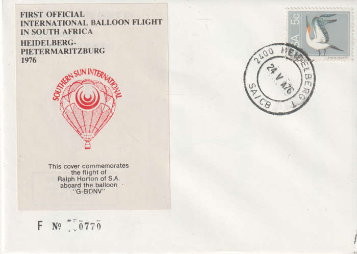 BALLOON FLIGHT FDC 1976 HEIDELBERG TO PMB RALPH OF SA G-BDNV NO 770