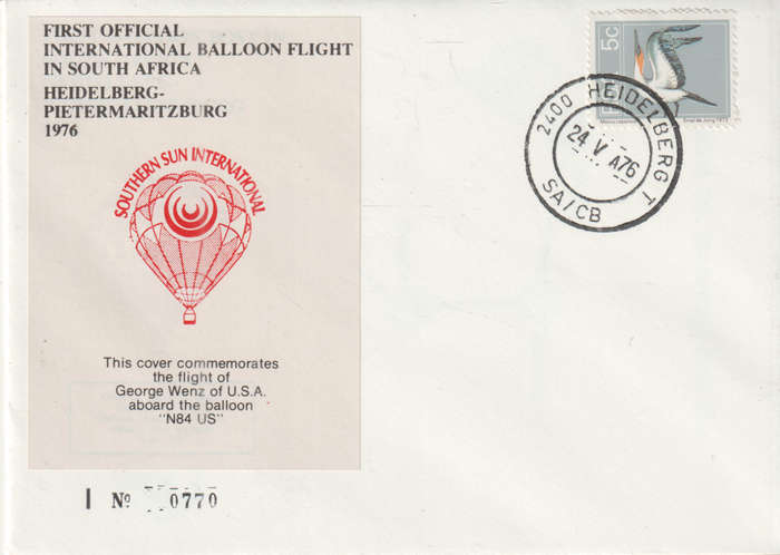 BALLOON FLIGHT FDC 1976 HEIDELBERG TO PMB GEORGE USA N84 US NO 770