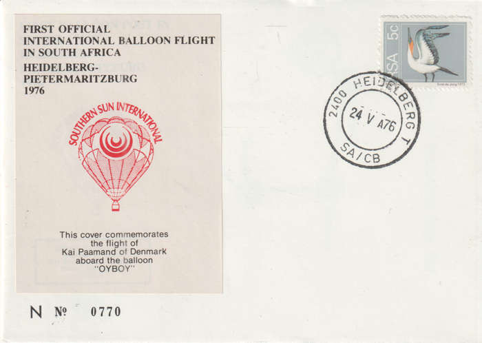 BALLOON FLIGHT FDC 1976 HEIDELBERG TO PMB KAI DENMARK OYBOY NO 770