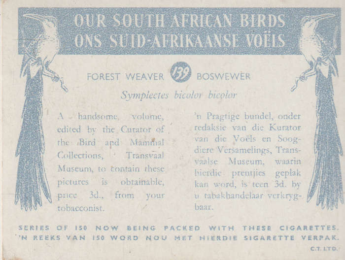 CIGARETTE CARD OUR SOUTH AFRICAN BIRDS NO. 139