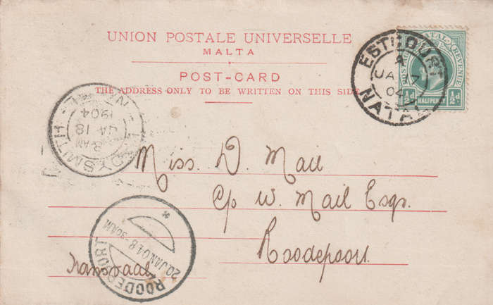 USED POST CARD MALTA POSTED IN NATAL 1904