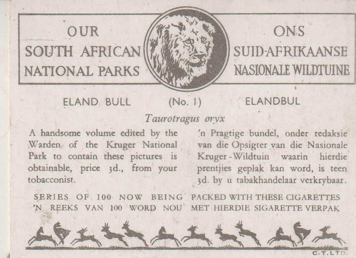 CIGARETTE CARD OUR SOUTH AFRICAN NATIONAL PARKS NO 1