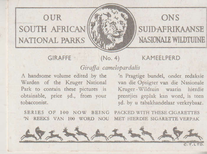 CIGARETTE CARD OUR SOUTH AFRICAN NATIONAL PARKS NO 4