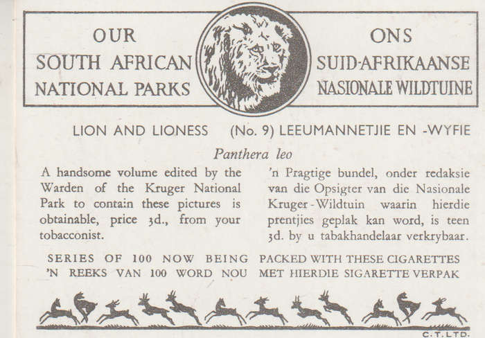 CIGARETTE CARD OUR SOUTH AFRICAN NATIONAL PARKS NO 9