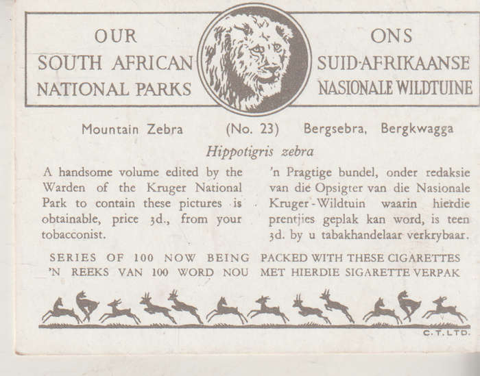 CIGARETTE CARD OUR SOUTH AFRICAN NATIONAL PARKS NO 23