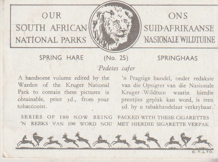 CIGARETTE CARD OUR SOUTH AFRICAN NATIONAL PARKS NO 25