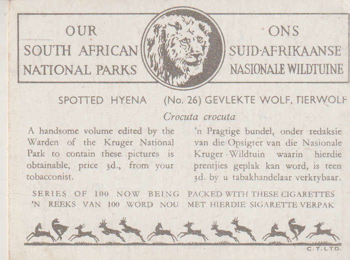 CIGARETTE CARD OUR SOUTH AFRICAN NATIONAL PARKS NO 26