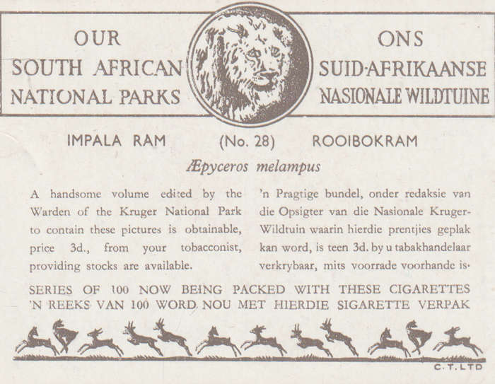 CIGARETTE CARD OUR SOUTH AFRICAN NATIONAL PARKS NO 28