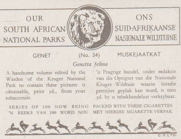 CIGARETTE CARD OUR SOUTH AFRICAN NATIONAL PARKS NO 34