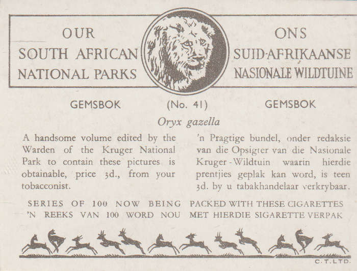 CIGARETTE CARD OUR SOUTH AFRICAN NATIONAL PARKS NO 41
