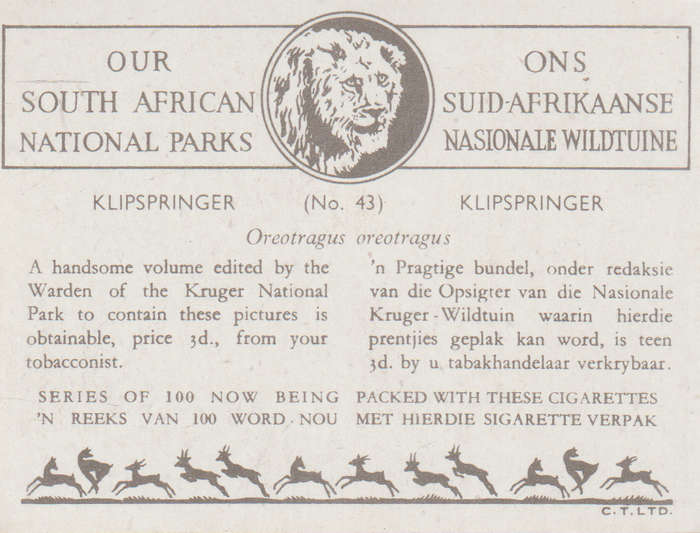 CIGARETTE CARD OUR SOUTH AFRICAN NATIONAL PARKS NO 43