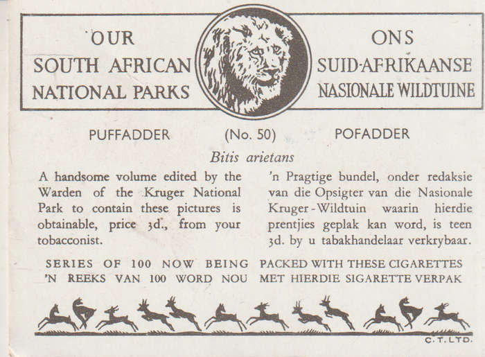 CIGARETTE CARD OUR SOUTH AFRICAN NATIONAL PARKS NO 50